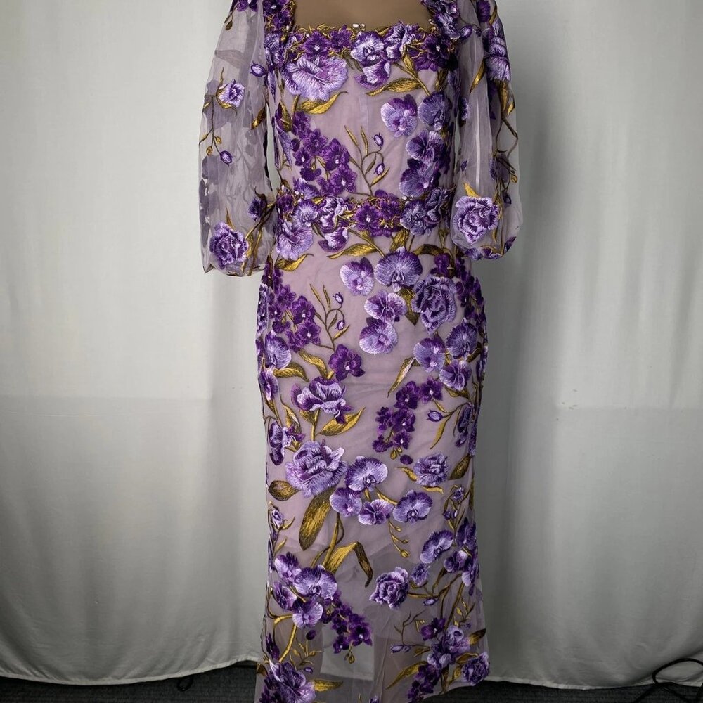 Marchesa Notte Women’s Orchid & Rose Embroidered Tulle Midi Dress – Purple – 0